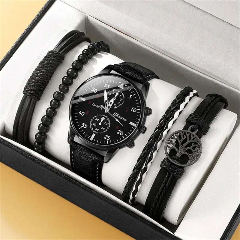 Men's Watch Set - Luxury Bracelet Brown Leather Quartz Watch Gift Set