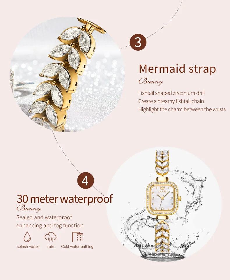 ساعة OLEVS 9987 النسائية - ساعة مربعة مقاومة للماء بسوار فولاذي