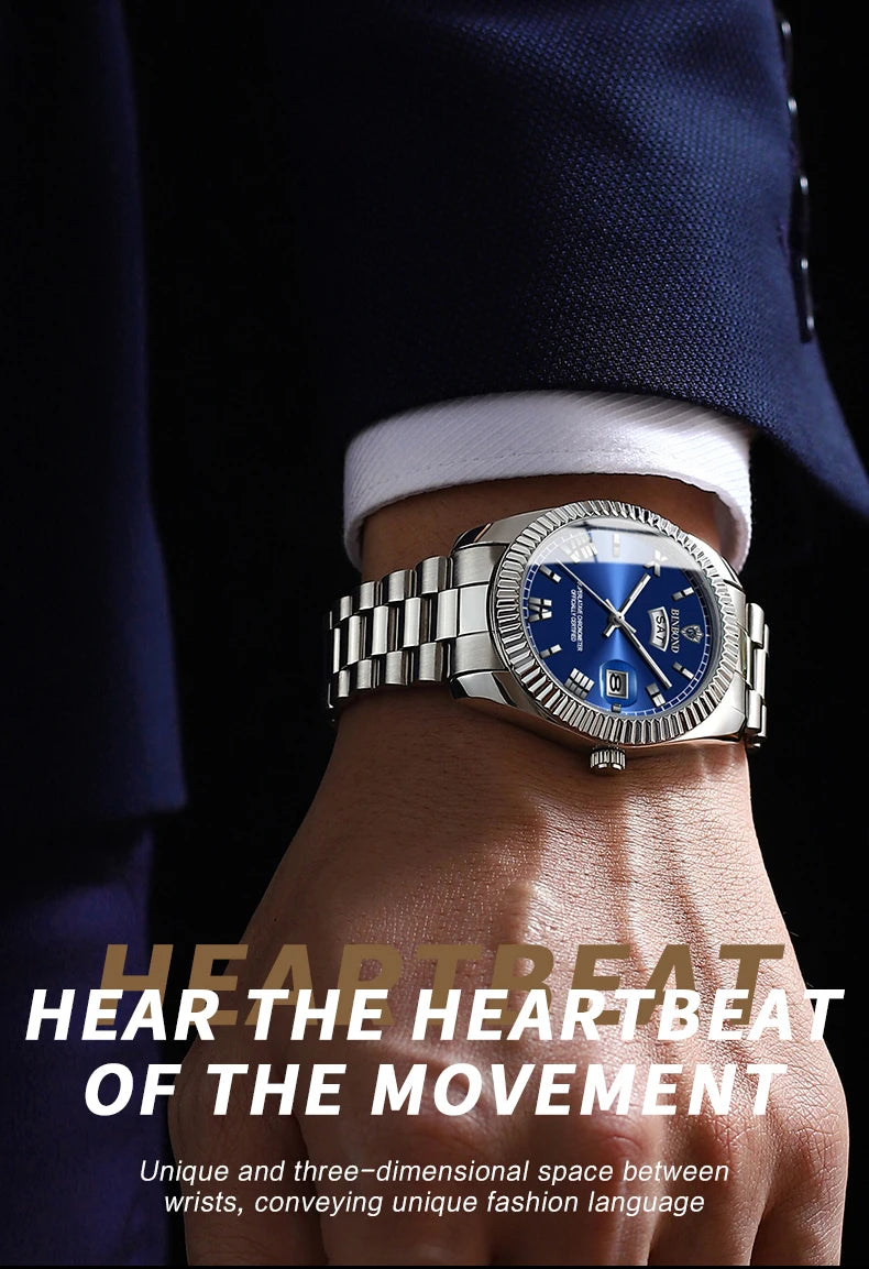 ساعة BINBOND B0733 للرجال فاخرة مقاومة للماء بتقويم مزدوج وإضاءة ليلية من الفولاذ المقاوم للصدأ كوارتز للرجال