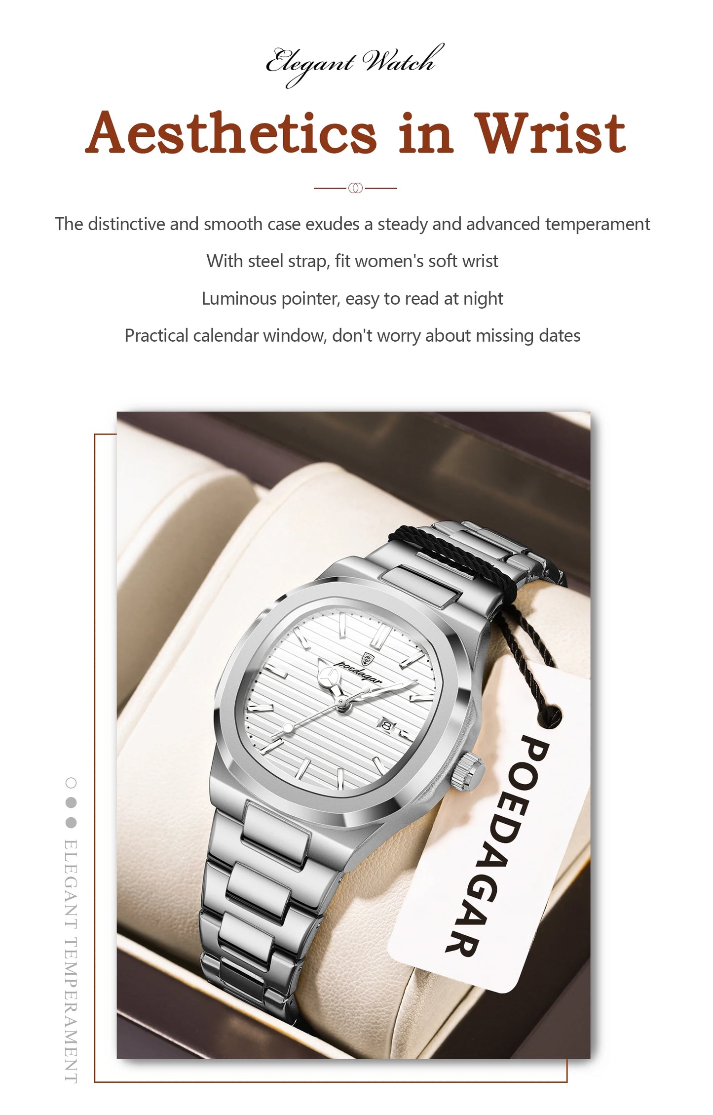 ساعة POEDAGAR النسائية - ساعة كوارتز فولاذية مضيئة مقاومة للماء