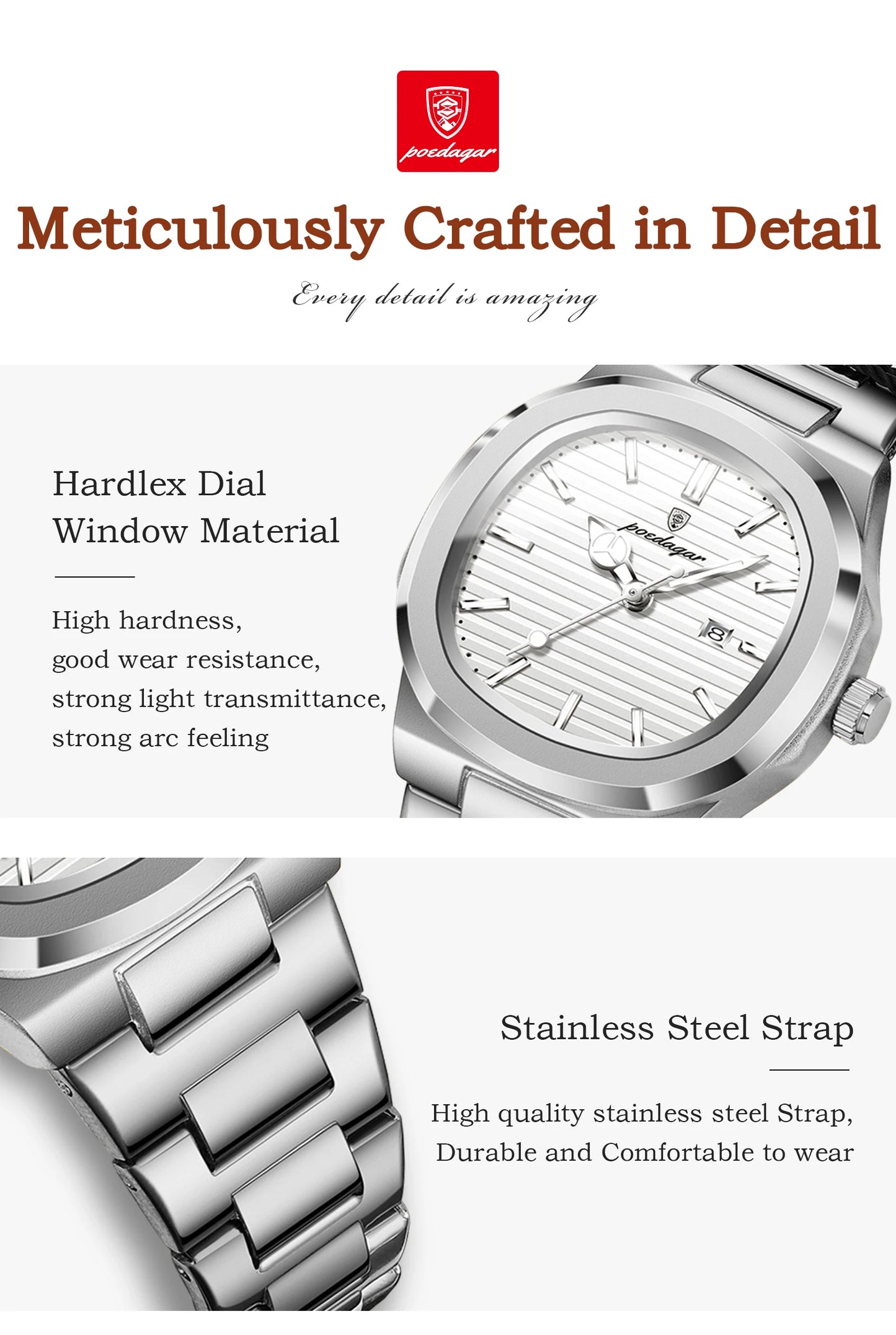 ساعة POEDAGAR النسائية - ساعة كوارتز فولاذية مضيئة مقاومة للماء