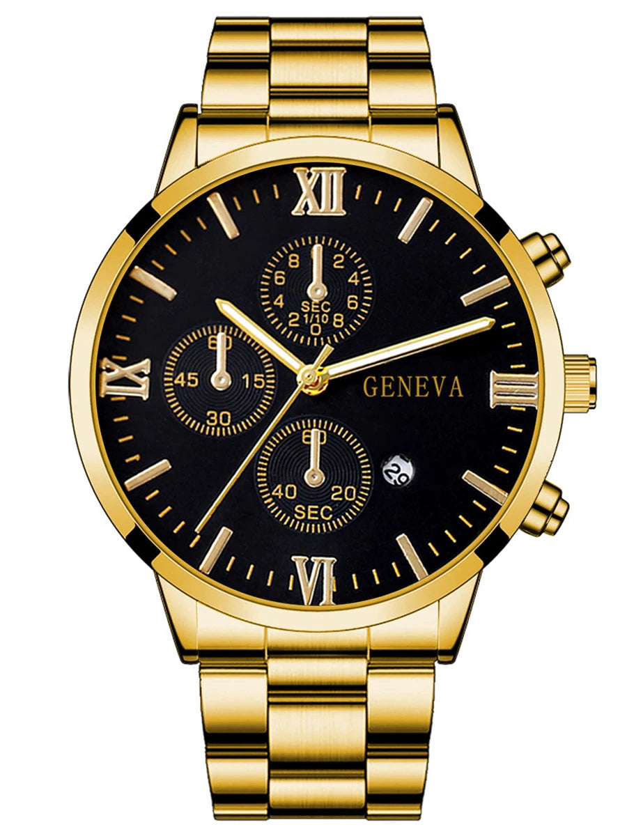 Men's Watch Set - 4pcs Gold Roman Calendar Watch Cross Necklace Bracelet Ring Set