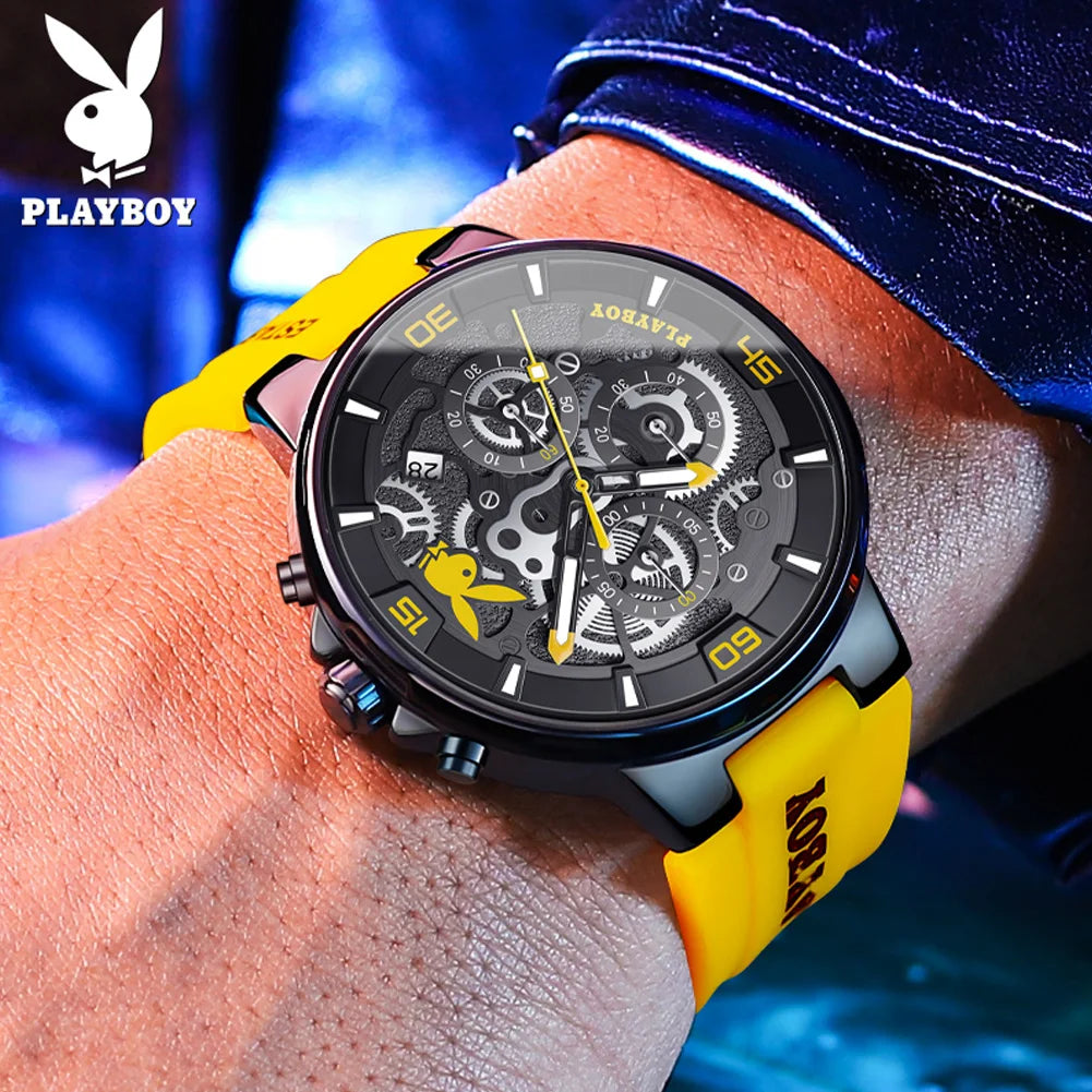 ساعة بلاي بوي الأصلية الفاخرة للرجال بحزام من السيليكون وساعة كوارتز أنيقة للرجال مقاومة للماء وساعة رياضية مضيئة للرجال