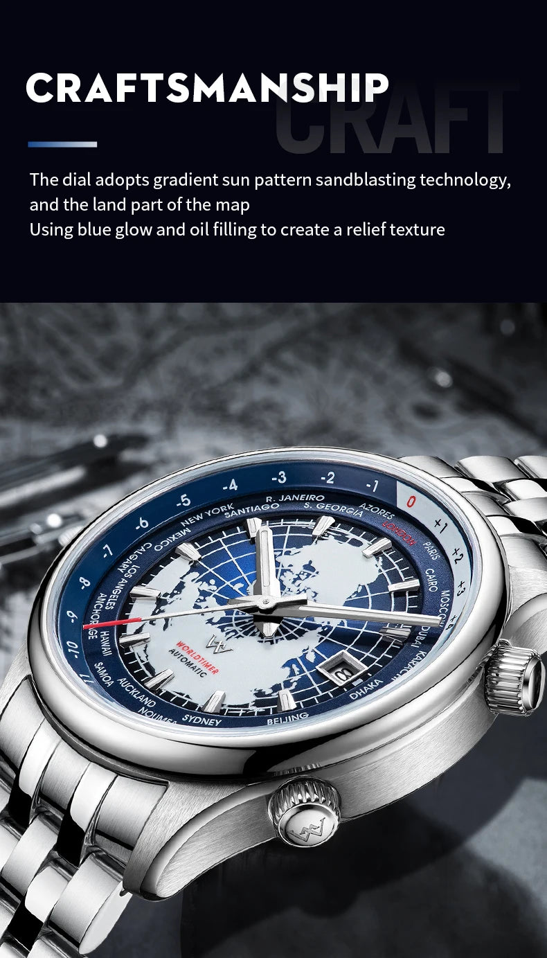 Montre WM automatique mécanique pour homme, haute qualité, verre saphir, heure mondiale, marque originale reconnue Welly Merck, référence WM057