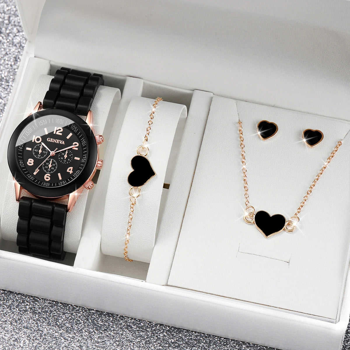 Geneva Watch Set - 4pcs Silicone Band Quartz Watches with Heart Jewelry
