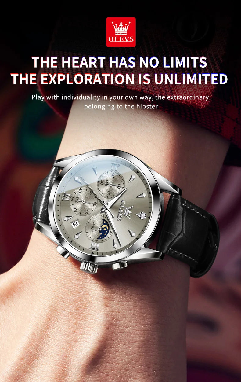 ساعة OLEVS 3609 الأصلية كرونوغراف بمرحلة القمر للرجال بحزام جلدي مقاوم للماء ومضيئة من ماركة فاخرة ساعات معصم كوارتز للرجال