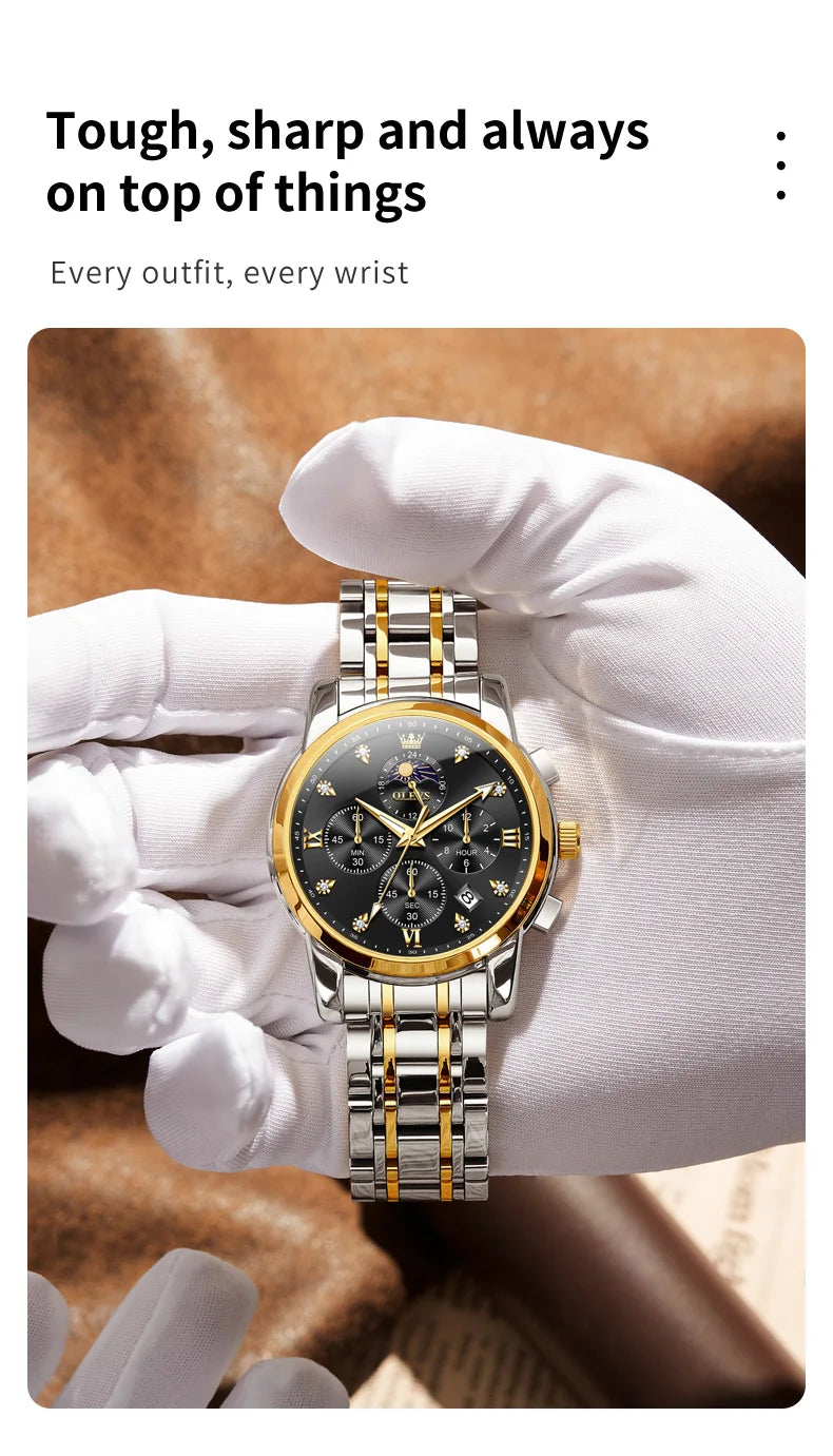 ساعة OLEVS 3655 Moon Phase Classic Three Eye Dial للرجال من الفولاذ المقاوم للصدأ للرجال بإبزيم الفراشة وساعة كوارتز مقاومة للماء