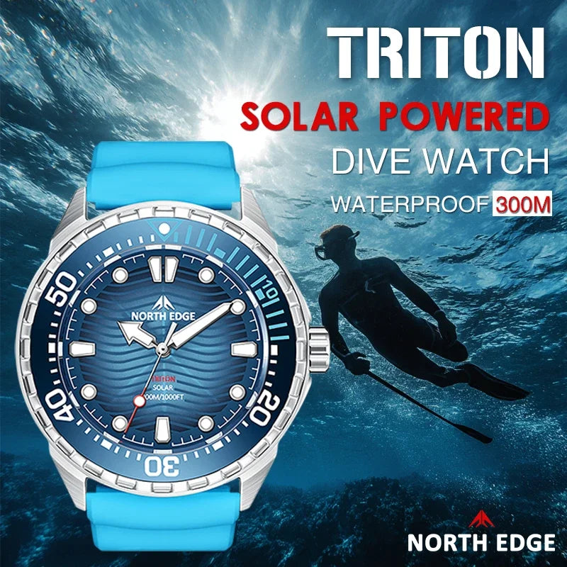 ساعة الغوص الجديدة TRITON من NORTH EDGE للرجال تعمل بالطاقة الشمسية، ساعات كوارتز فاخرة بهيكل من الفولاذ المقاوم للصدأ 316L، مقاومة للماء حتى عمق 300 متر