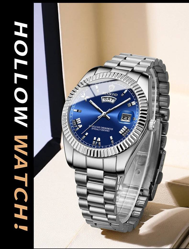 ساعة BINBOND B0733 للرجال فاخرة مقاومة للماء بتقويم مزدوج وإضاءة ليلية من الفولاذ المقاوم للصدأ كوارتز للرجال