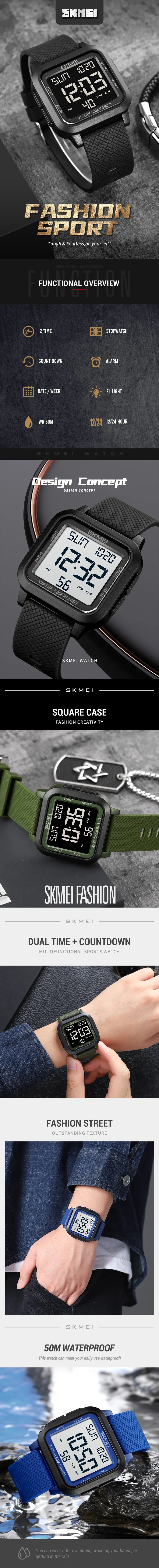 Montre de sport outdoor SKMEI pour homme, alarme, chronographe, étanche 5 bar, style militaire, affichage LED, résistante aux chocs, montre numérique, reloj hombre