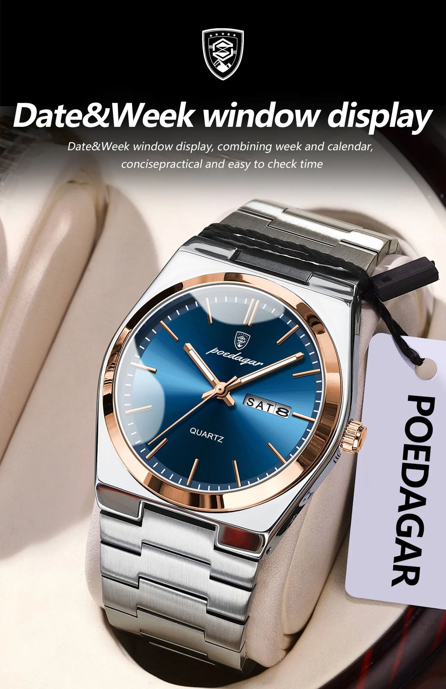 ساعة رجالية ماركة POEDAGAR للأزياء من الفولاذ المقاوم للصدأ مقاومة للماء ومضيئة للرجال ساعة تاريخ الأسبوع ساعات عمل كوارتز للرجال Reloj