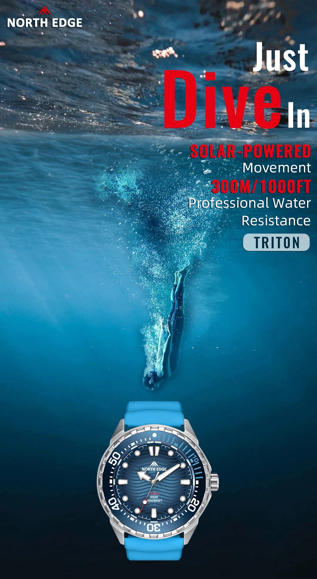 ساعة الغوص الجديدة TRITON من NORTH EDGE للرجال تعمل بالطاقة الشمسية، ساعات كوارتز فاخرة بهيكل من الفولاذ المقاوم للصدأ 316L، مقاومة للماء حتى عمق 300 متر