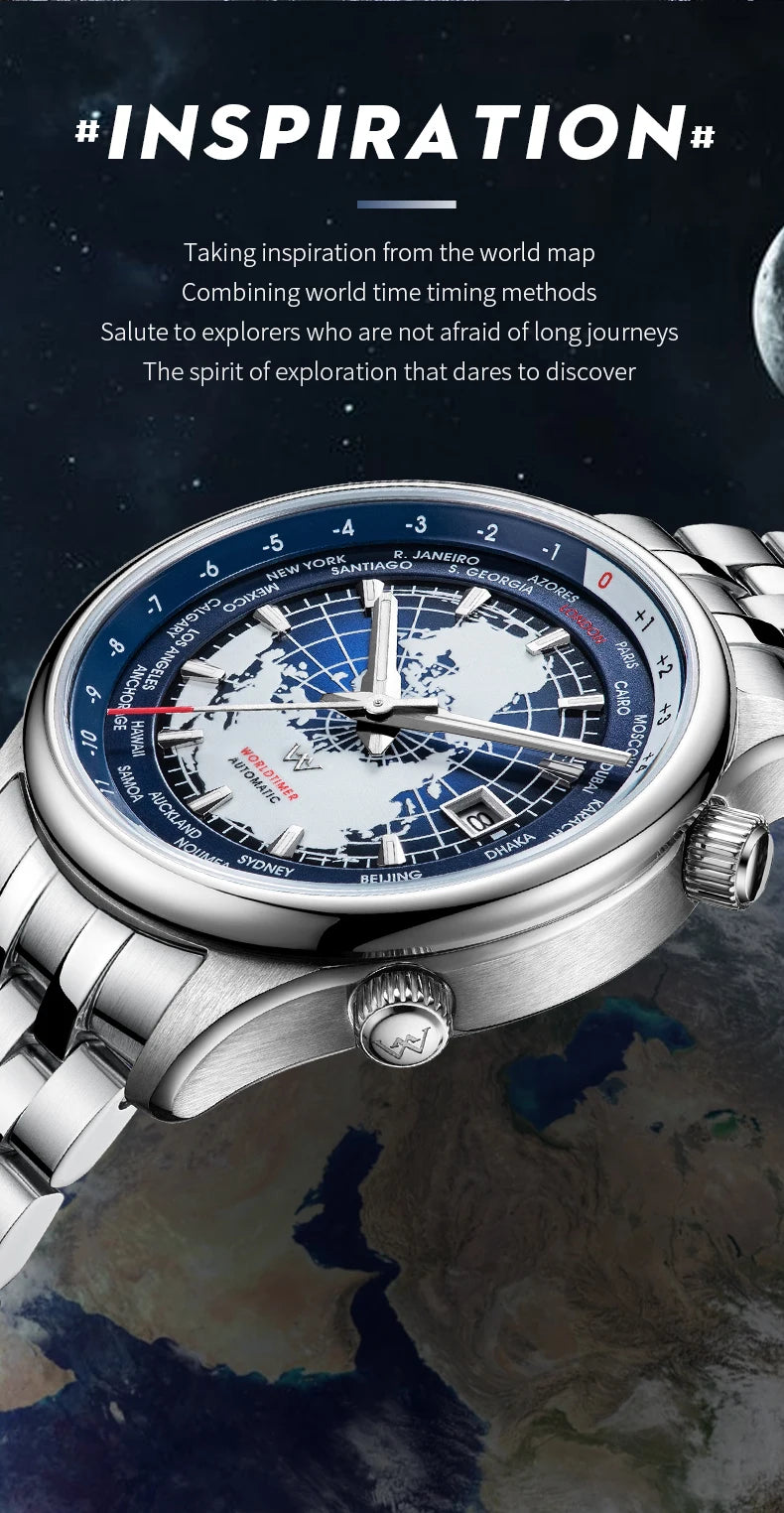 Montre WM automatique mécanique pour homme, haute qualité, verre saphir, heure mondiale, marque originale reconnue Welly Merck, référence WM057