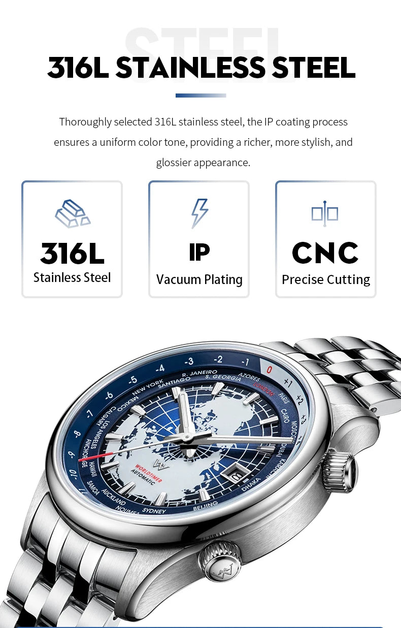 Montre WM automatique mécanique pour homme, haute qualité, verre saphir, heure mondiale, marque originale reconnue Welly Merck, référence WM057