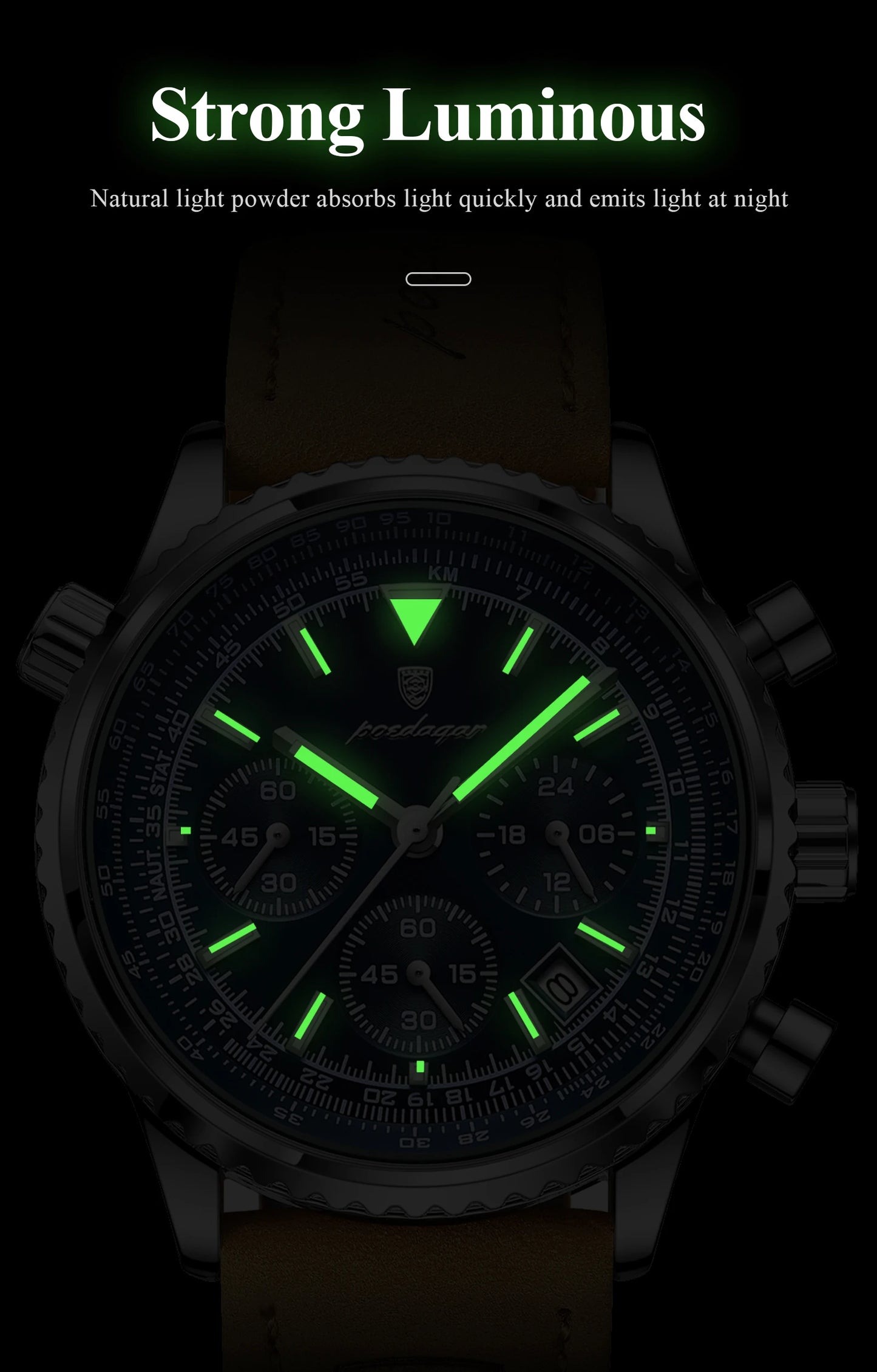 ساعة رجالية فاخرة من ماركة POEDAGAR مقاومة للماء ومضيئة وتاريخ كرونوغراف من الجلد ساعة رجالية كوارتز ساعات عمل أنيقة للرجال