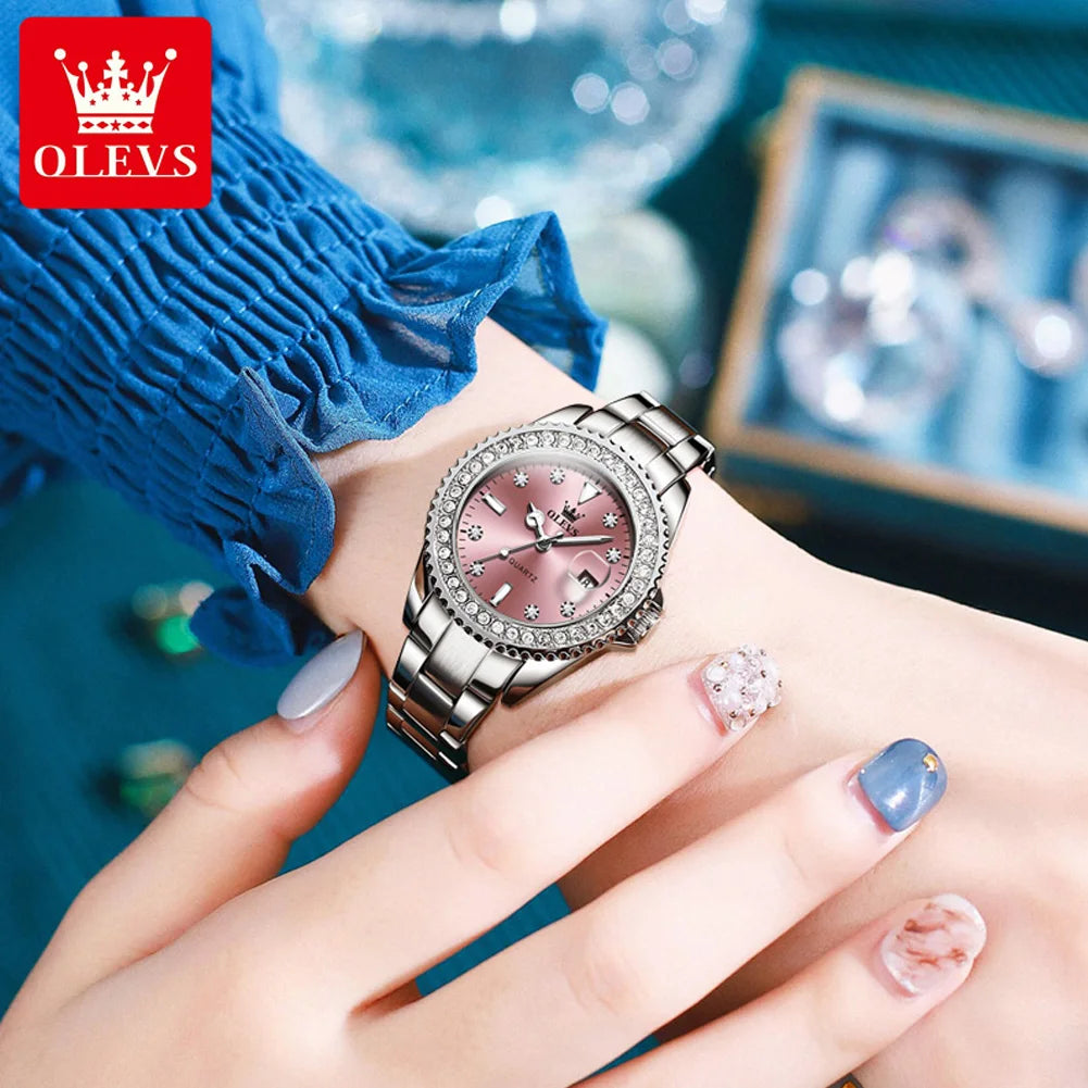 ساعة OLEVS 9945 النسائية - ساعة فاخرة من الفولاذ بتقويم ألماسي