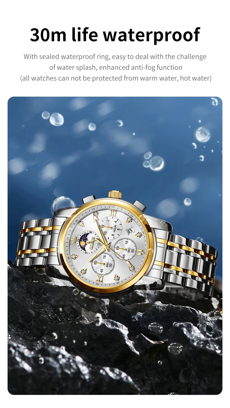ساعة OLEVS 3655 Moon Phase Classic Three Eye Dial للرجال من الفولاذ المقاوم للصدأ للرجال بإبزيم الفراشة وساعة كوارتز مقاومة للماء