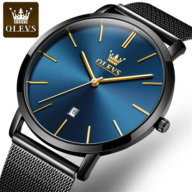 Montre à quartz OLEVS 5869 pour homme, ultra-fine (6,5 mm), minimaliste, étanche, avec date, idéale pour les affaires. Montre-bracelet simple et élégante pour homme.