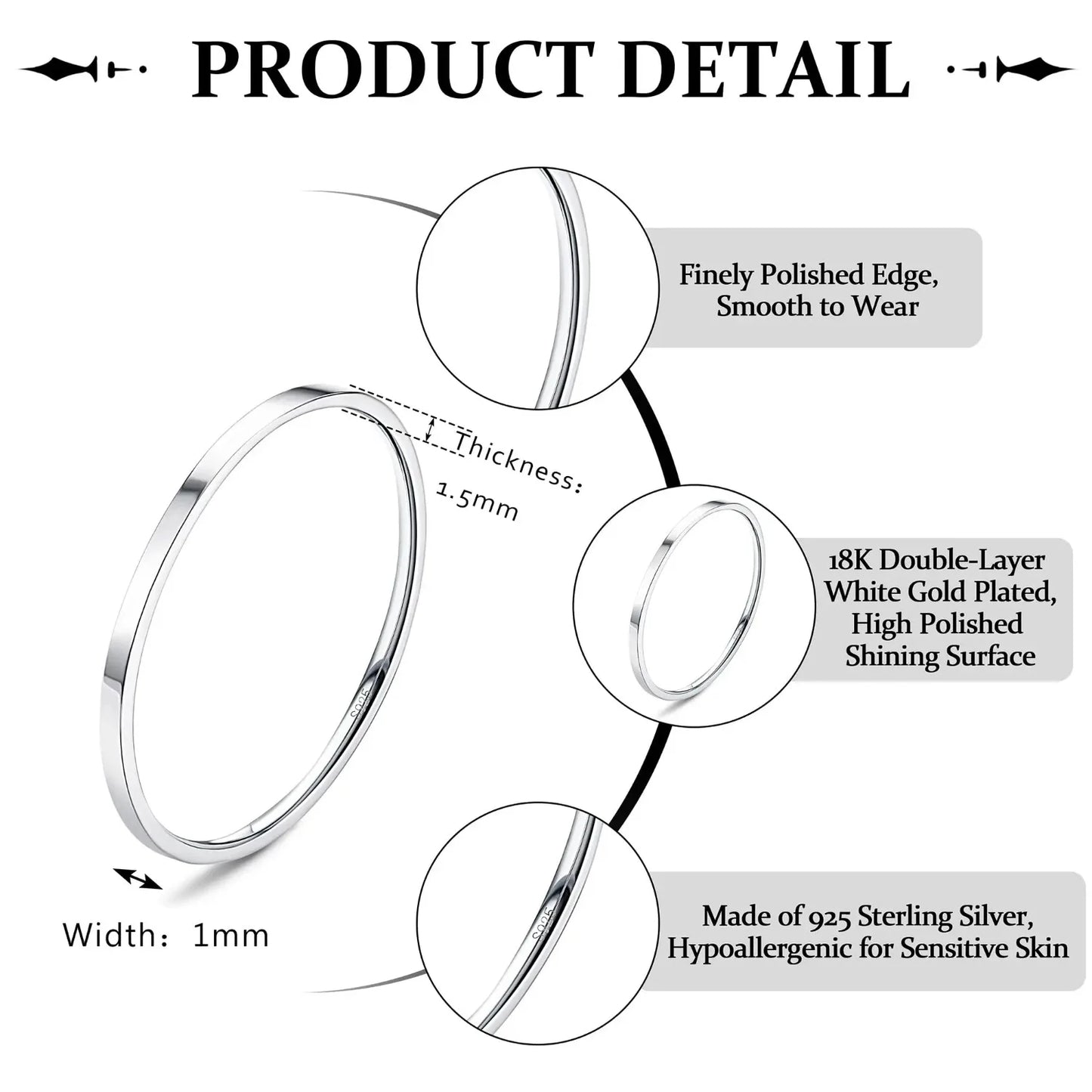 خواتم من الفضة الإسترلينية قابلة للتكديس - أشرطة رفيعة مطلية بالذهب الأبيض عيار 18 قيراطًا