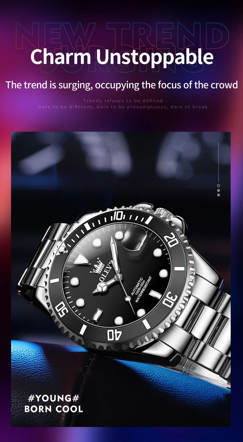 Montre homme OLEVS 6650, classique et originale, automatique, mécanique, avec index en zircon, étanche et lumineuse, en acier inoxydable.