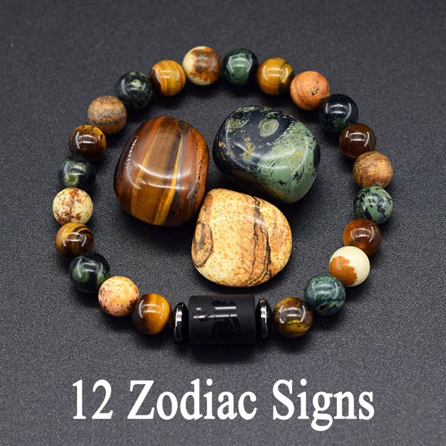 Bracelet Zodiaque - 12 Signes du zodiaque - Pierre Œil de Tigre Naturelle