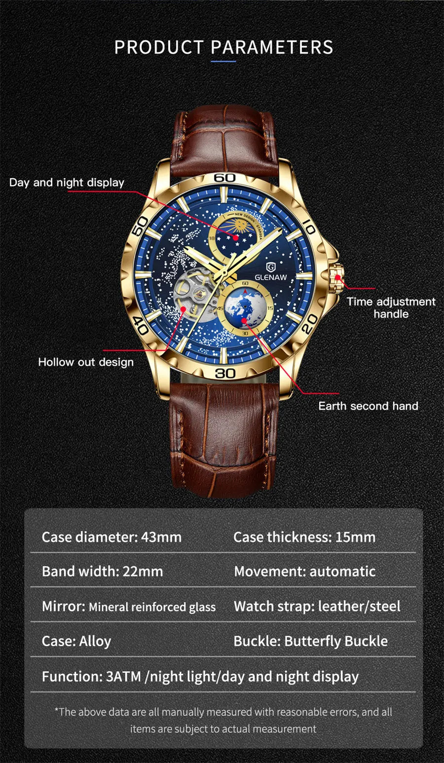 Montre-bracelet GLENAW à double trotteuse rotative pour homme, automatique, mécanique, ciel étoilé, acier inoxydable, bracelet en cuir, motif Terre étoilée