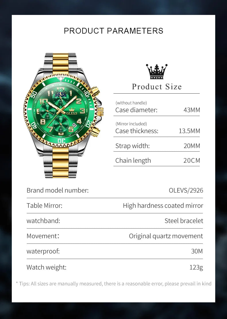 ساعات OLEVS 2926 للرجال ماركة أزياء جديدة فاخرة كوارتز ساعة بثلاثة موانئ صغيرة من الفولاذ المقاوم للصدأ ومقاومة للماء كرونوغراف