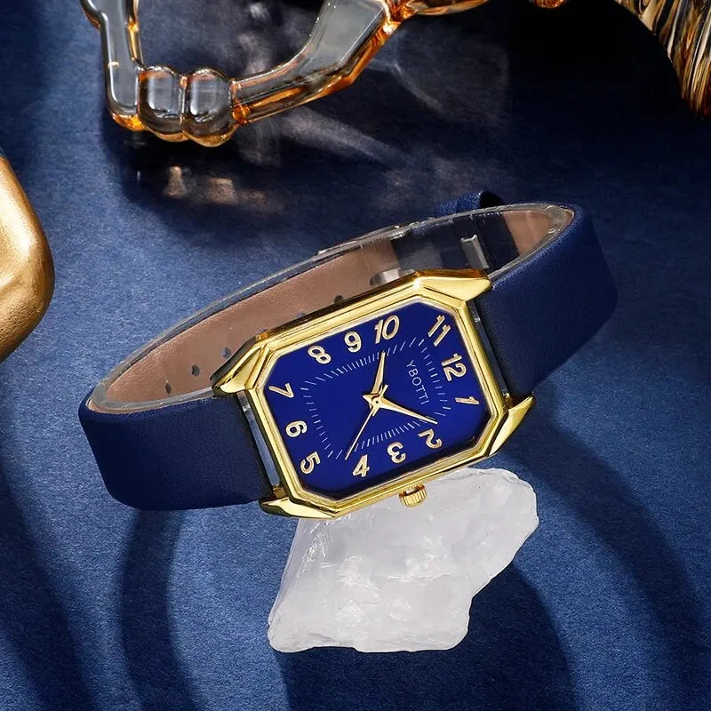 Montre carrée pour femme - Montre-bracelet à quartz avec bracelet en cuir bleu de luxe