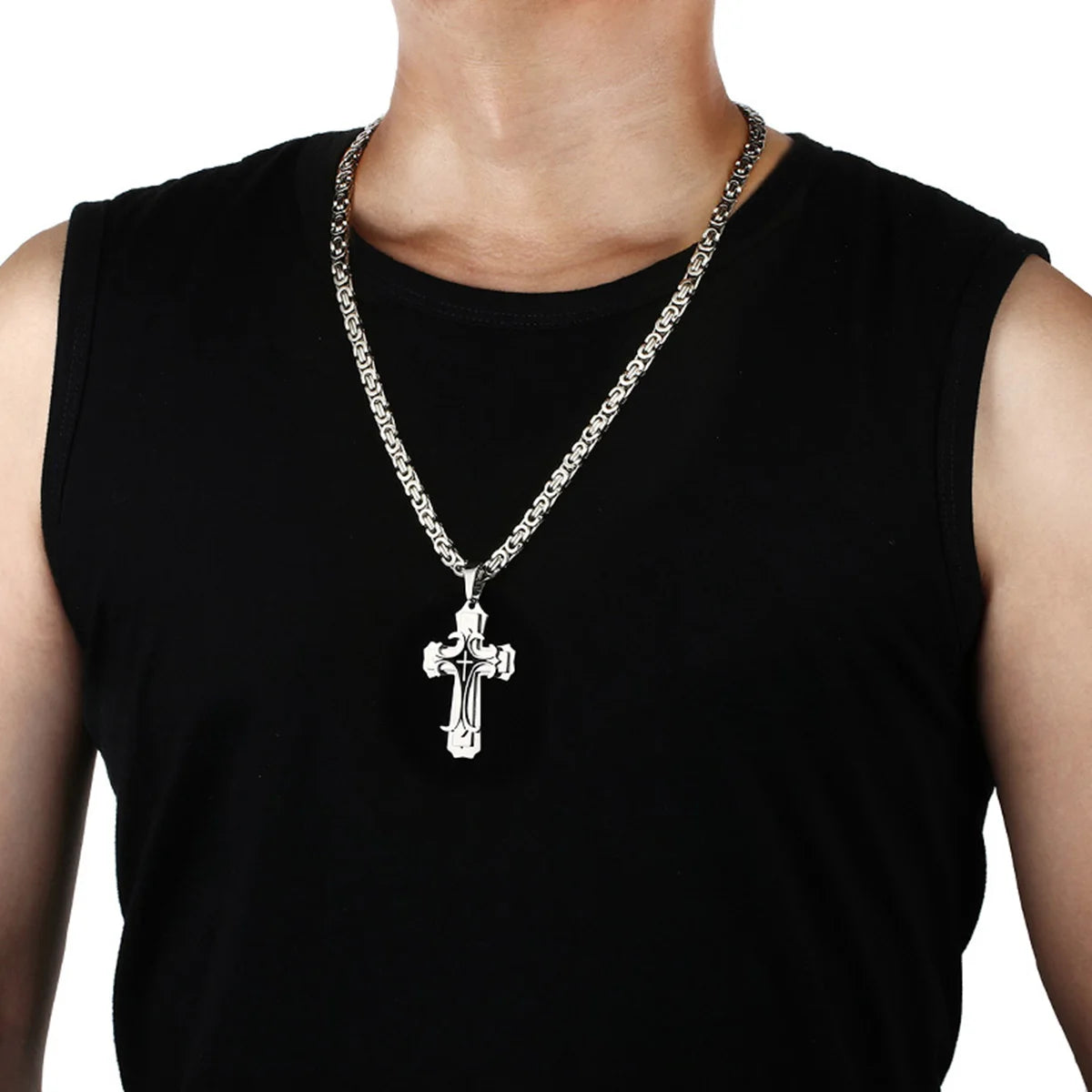 Collier croix pour homme - Croix latine chrétienne de la Trinité en acier inoxydable