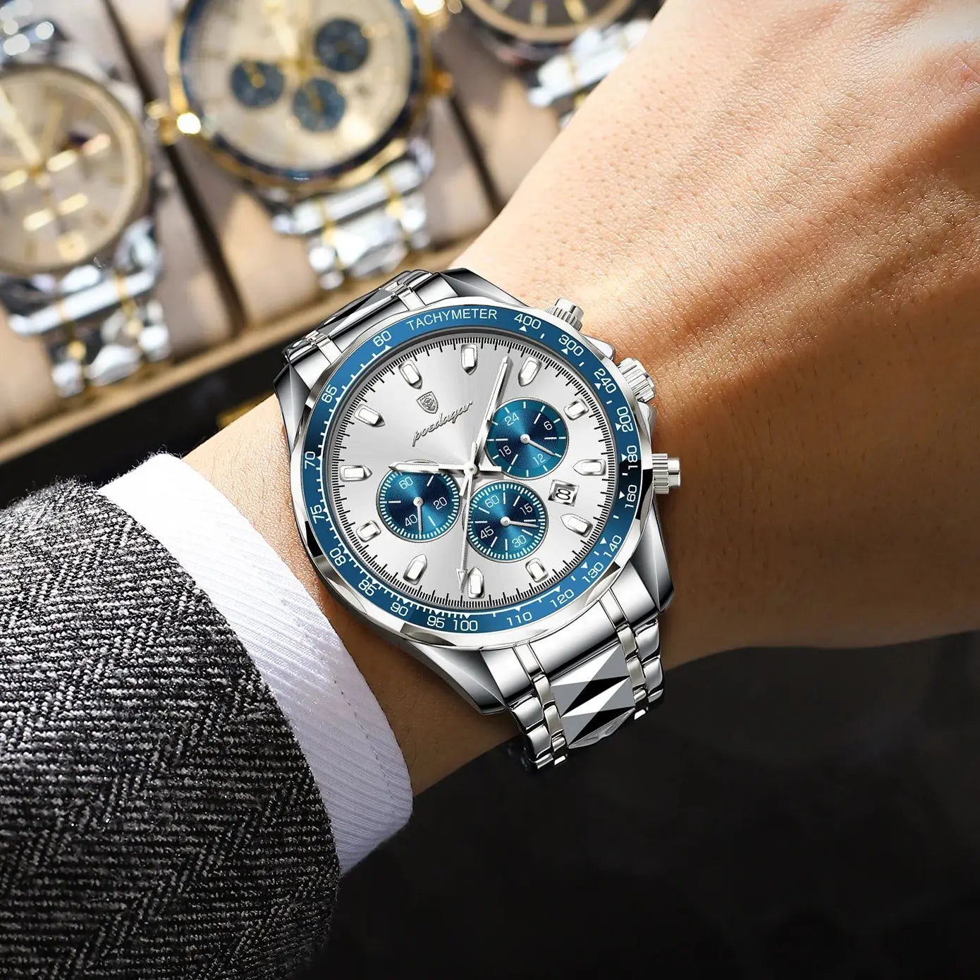 ساعة POEDAGAR للرجال من ماركة الأزياء المقاومة للماء والفولاذ المقاوم للصدأ ساعات رجالية مضيئة كرونوغراف وتاريخ كوارتز ساعة رياضية للرجال