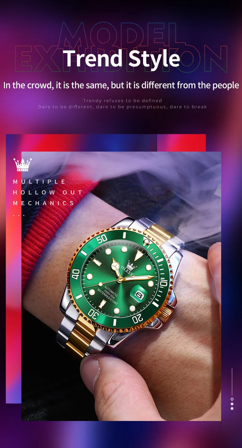 Montre homme OLEVS 6650, classique et originale, automatique, mécanique, avec index en zircon, étanche et lumineuse, en acier inoxydable.