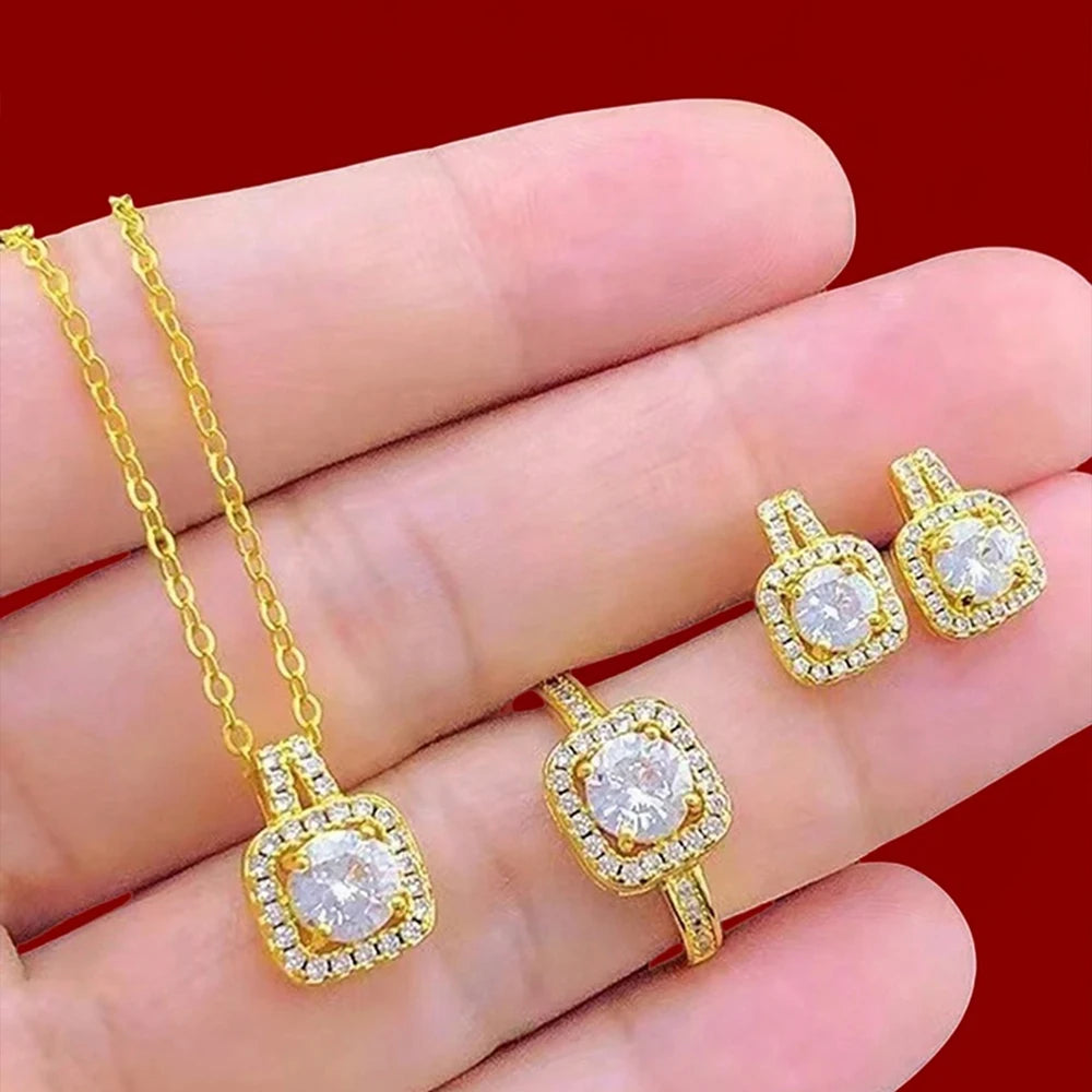 Jewelry Set - Luxury Cube Necklace Earrings Ring Valentine's Gift Set