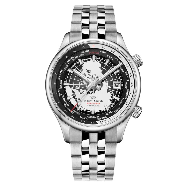 Montre WM automatique mécanique pour homme, haute qualité, verre saphir, heure mondiale, marque originale reconnue Welly Merck, référence WM057