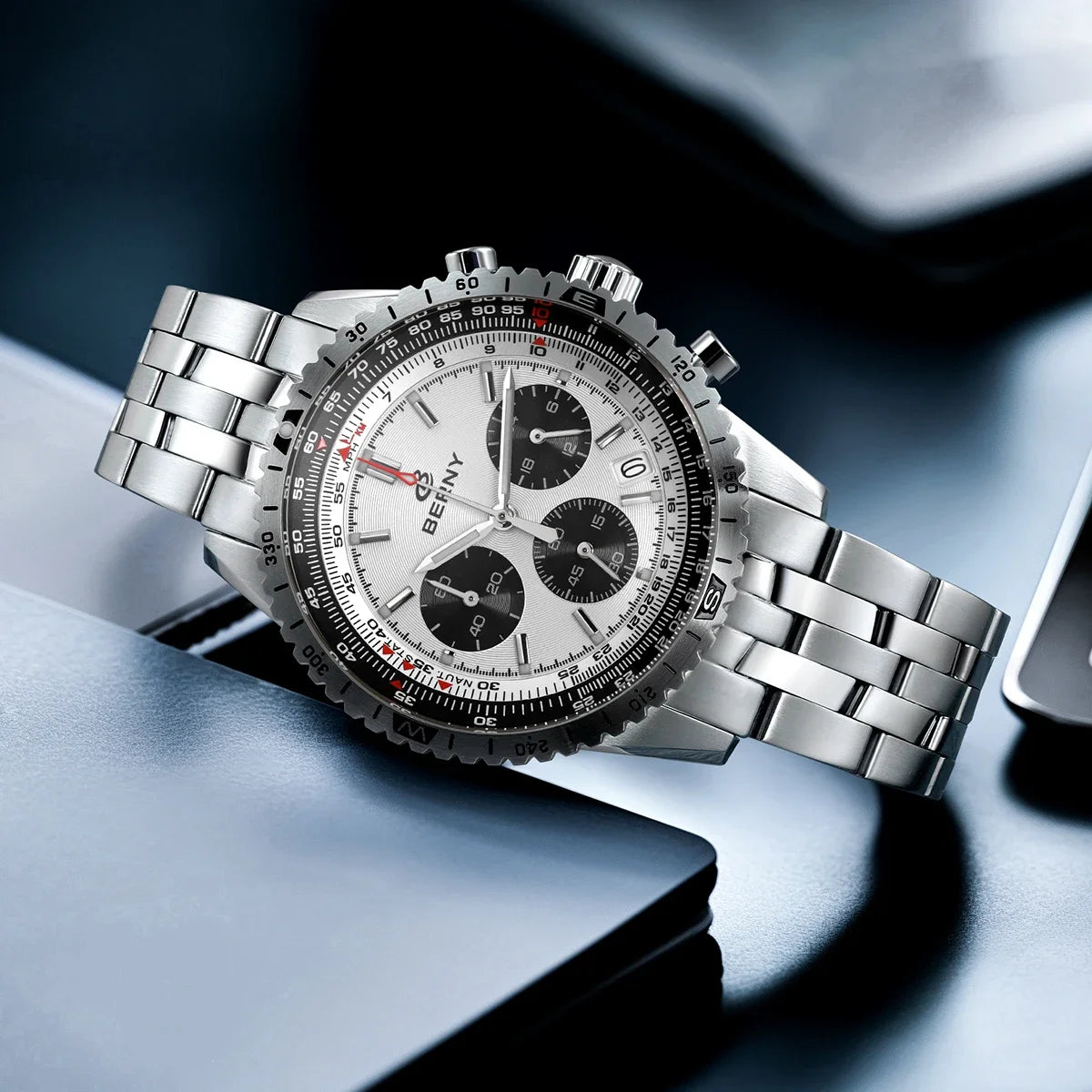 Montre chronographe BERNY pour homme, montre de pilote d'aviation multifonction à quartz avec date, verre saphir et luminescence intense. Montre-bracelet de luxe.