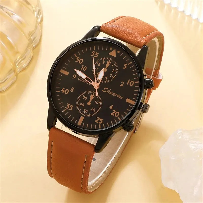 Men's Watch Set - Luxury Bracelet Brown Leather Quartz Watch Gift Set