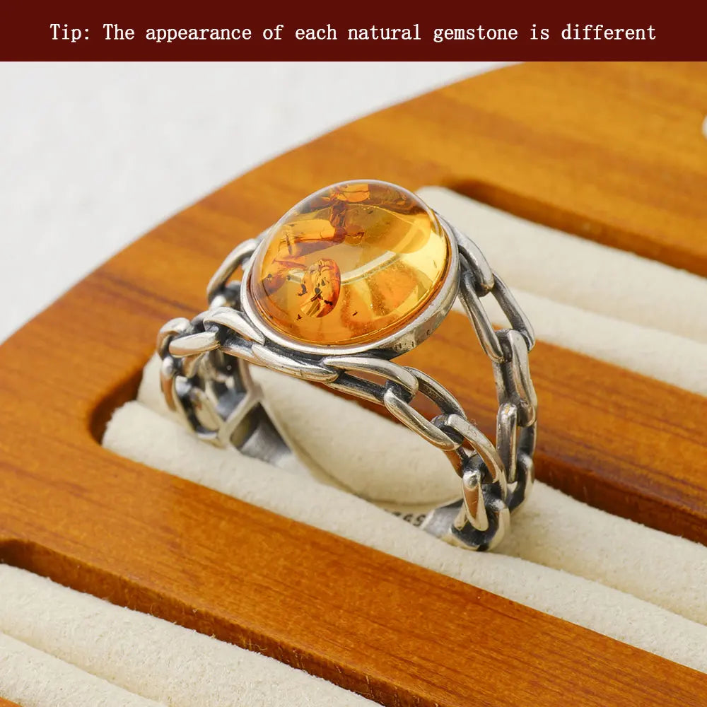 خاتم كهرمان عتيق - خاتم من الفضة الإسترلينية عيار 925 مرصع بحجر طبيعي