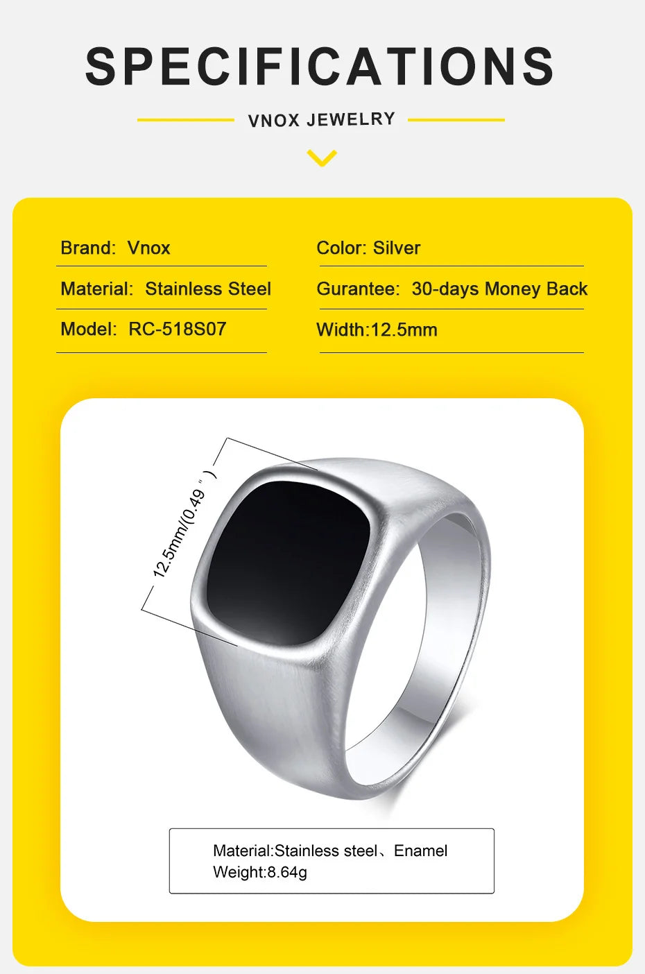 Chevalière pour homme - Vnox 12,5 mm, anneau carré en acier inoxydable noir