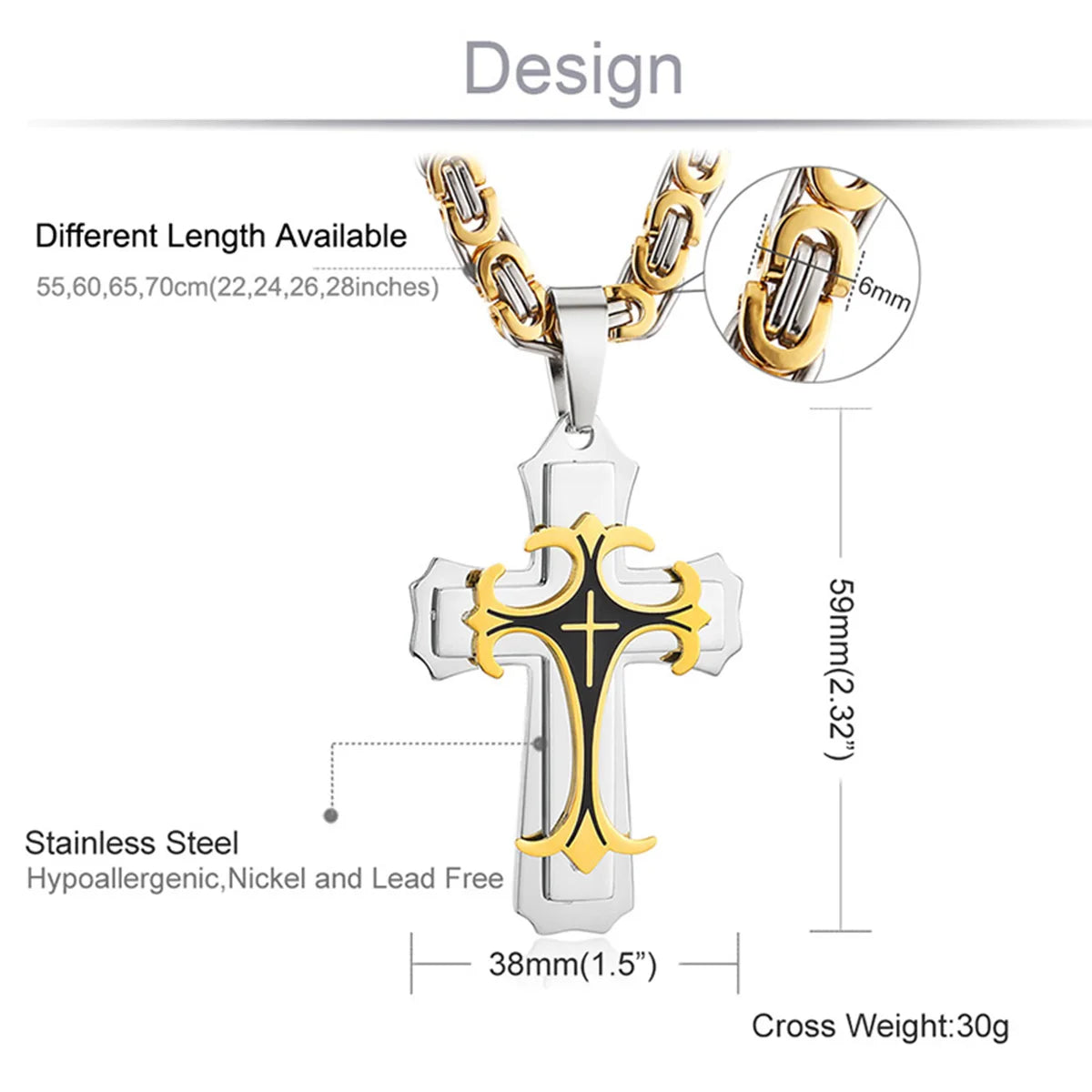 Collier croix pour homme - Croix latine chrétienne de la Trinité en acier inoxydable