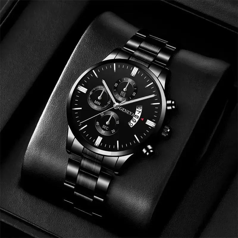 Men's Watch Set - 3pcs Business Quartz Watch Bracelet Necklace Gift Set