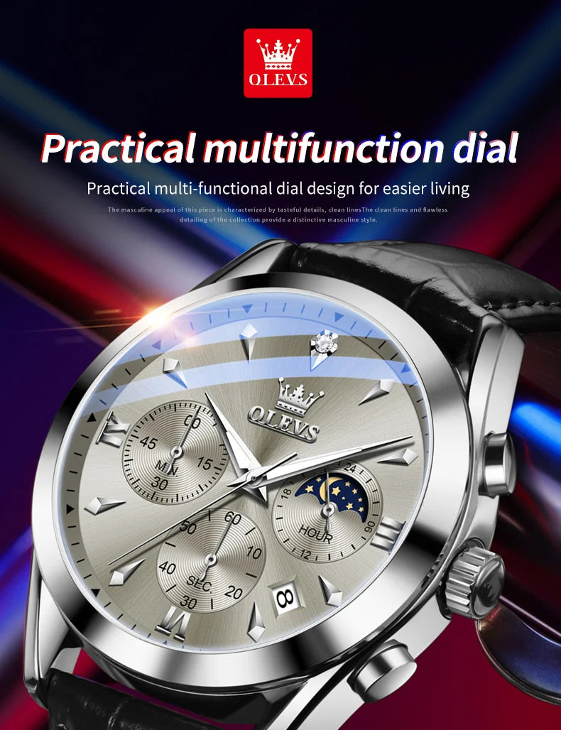 ساعة OLEVS 3609 الأصلية كرونوغراف بمرحلة القمر للرجال بحزام جلدي مقاوم للماء ومضيئة من ماركة فاخرة ساعات معصم كوارتز للرجال