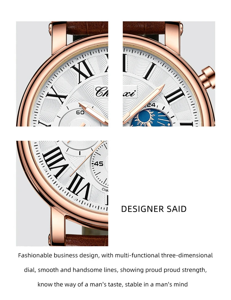 Montre homme CHENXI 973 à quartz, multifonctions, avec phase de lune et date, cadran analogique romain et bracelet en cuir. Idéale comme cadeau.