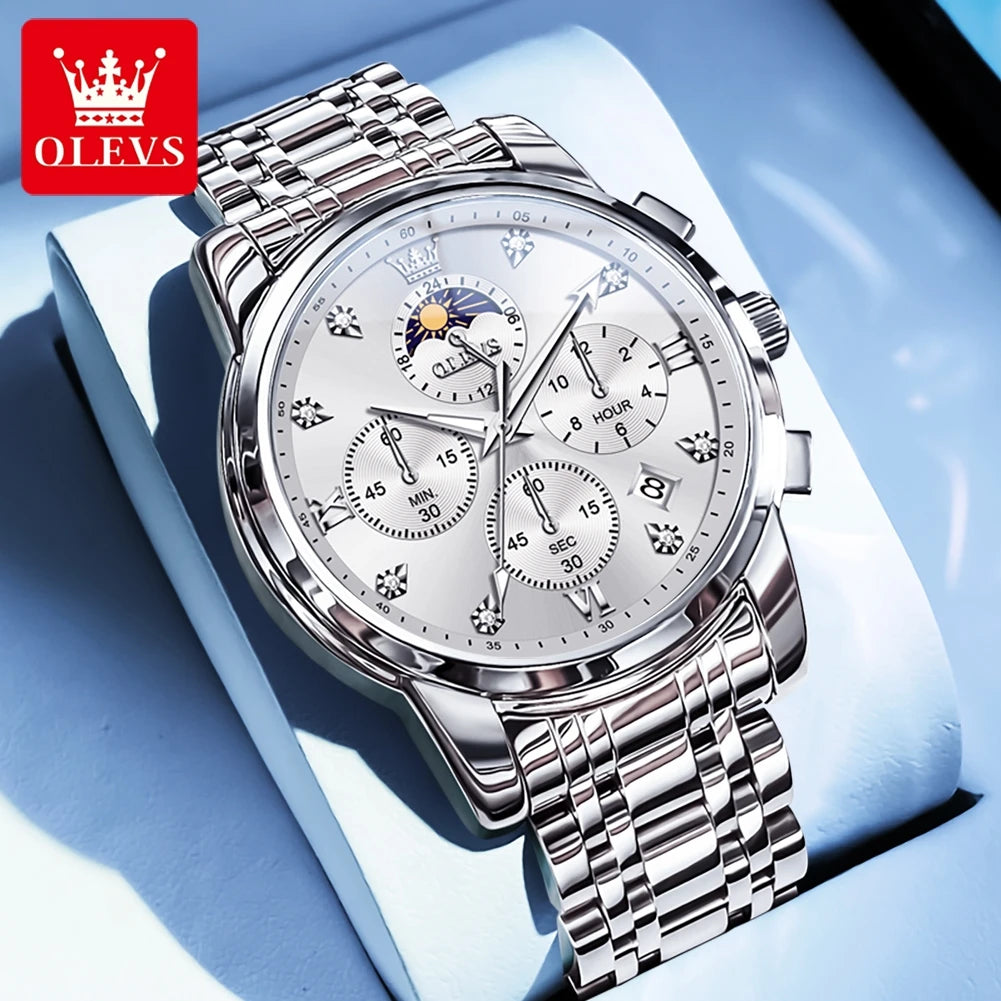 ساعة OLEVS 3655 Moon Phase Classic Three Eye Dial للرجال من الفولاذ المقاوم للصدأ للرجال بإبزيم الفراشة وساعة كوارتز مقاومة للماء