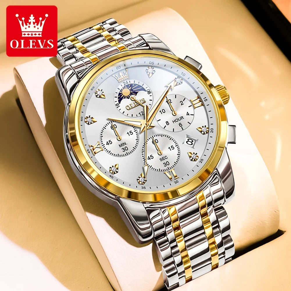 ساعة OLEVS 3655 Moon Phase Classic Three Eye Dial للرجال من الفولاذ المقاوم للصدأ للرجال بإبزيم الفراشة وساعة كوارتز مقاومة للماء