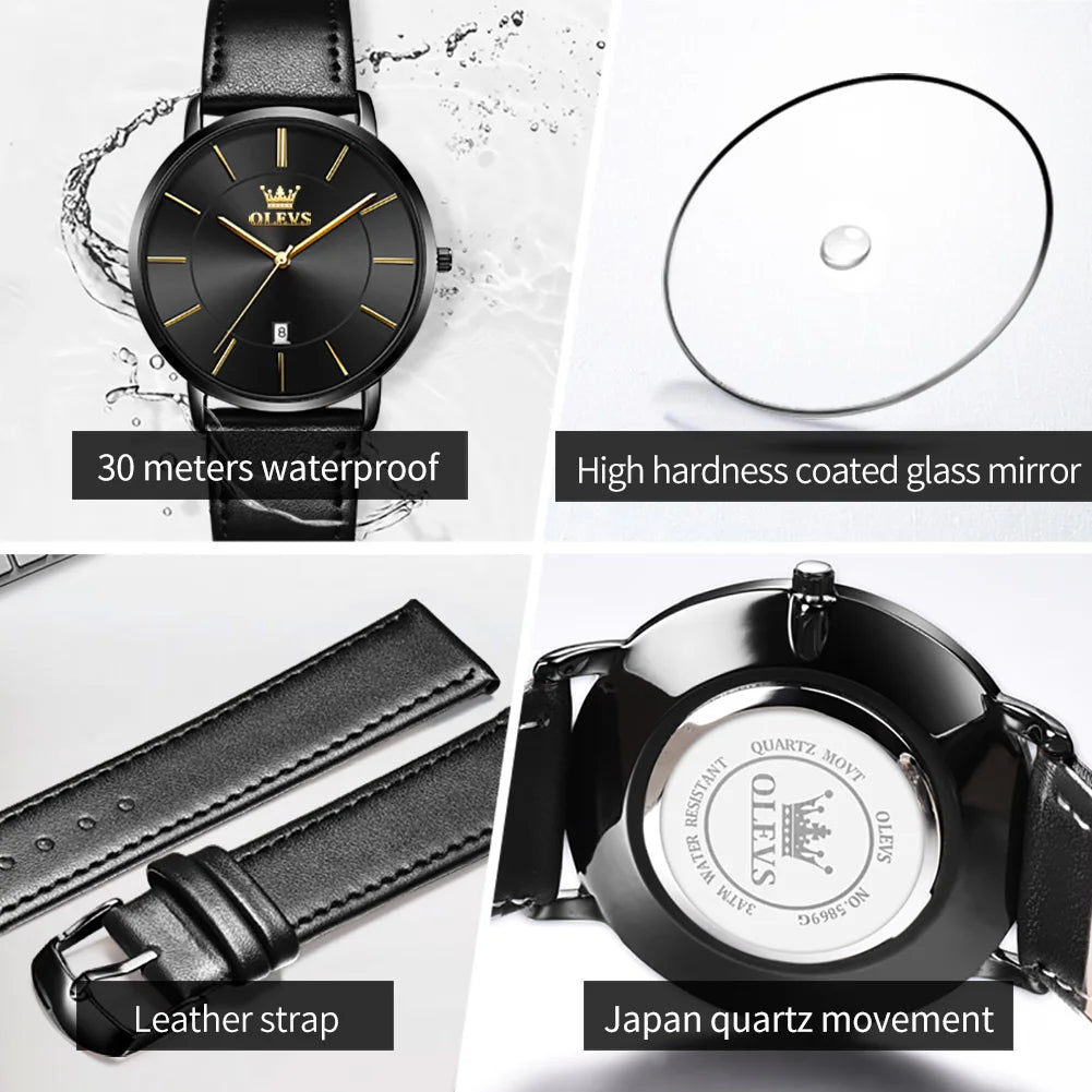 Montre à quartz OLEVS 5869 pour homme, ultra-fine (6,5 mm), minimaliste, étanche, avec date, idéale pour les affaires. Montre-bracelet simple et élégante pour homme.