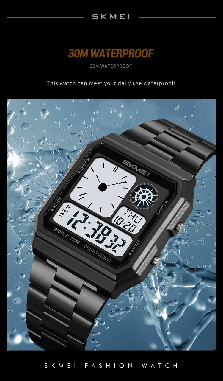 ساعة سكمي الإلكترونية الرقمية العالمية للرجال والنساء مقاومة للماء والرياضات الخارجية بسوار من الفولاذ المقاوم للصدأ ساعات يد للرجال