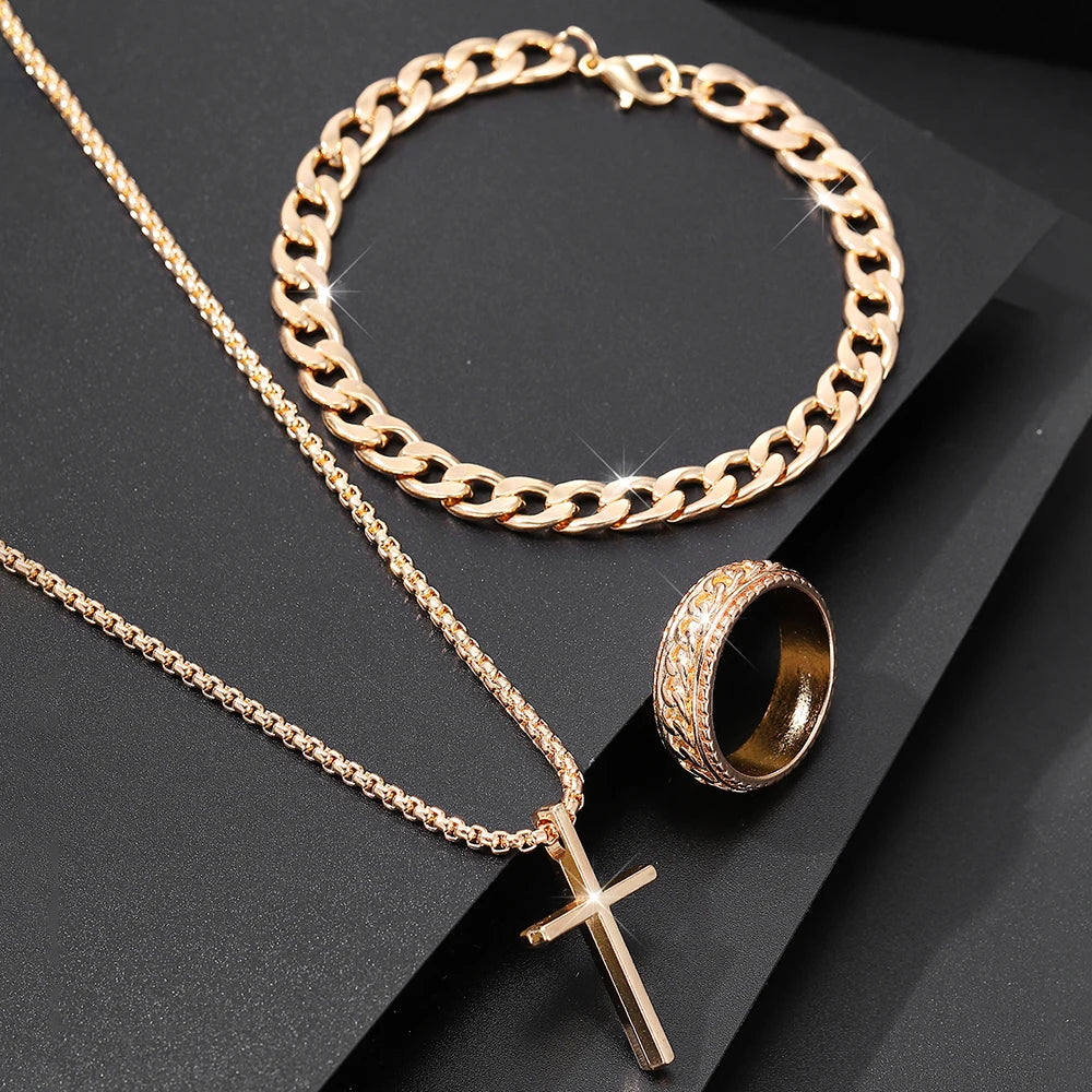 Men's Jewelry Set - 3pcs Cross Pendant Necklace Bracelet Ring Set