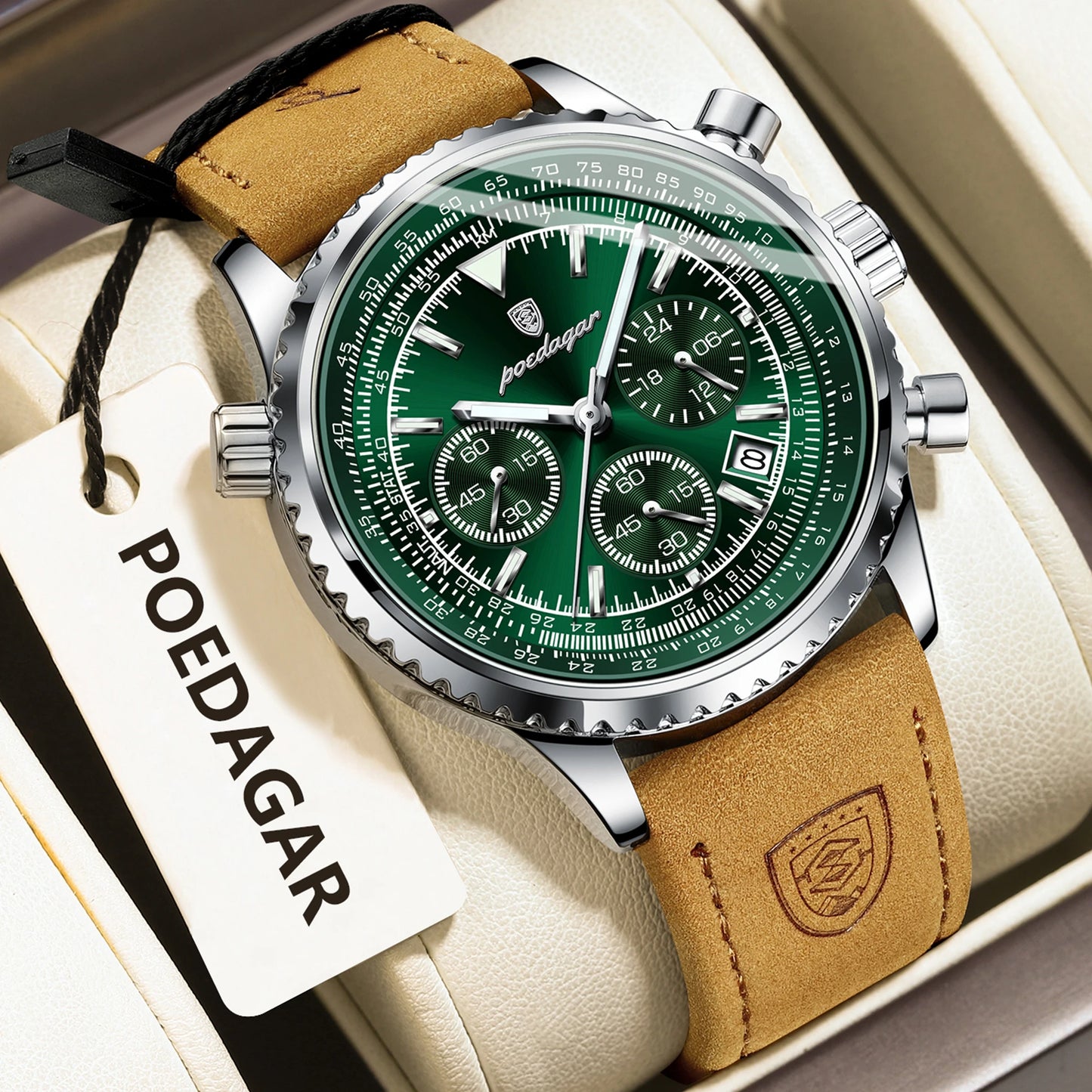 ساعة رجالية فاخرة من ماركة POEDAGAR مقاومة للماء ومضيئة وتاريخ كرونوغراف من الجلد ساعة رجالية كوارتز ساعات عمل أنيقة للرجال