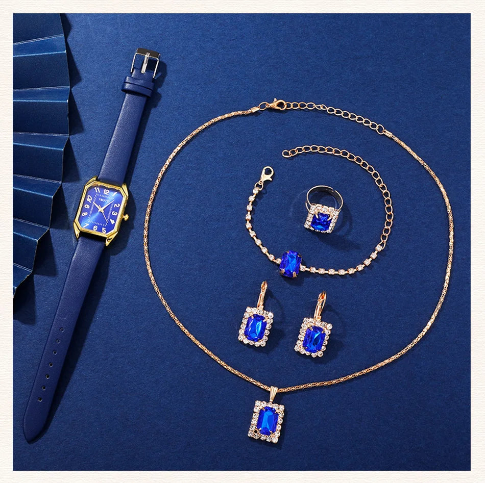 Montre carrée pour femme - Montre-bracelet à quartz avec bracelet en cuir bleu de luxe