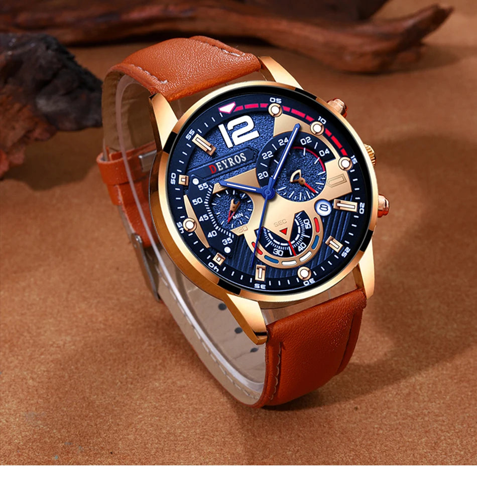 Men's Watch Set - 2pcs Business Calendar Leather Quartz Watch