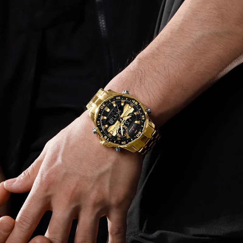 ساعة NAVIFORCE الرياضية الفاخرة للرجال مقاومة للماء وحركة كوارتز كرونوغراف وسوار فولاذي وعرض التاريخ والأسبوع الرقمي